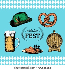 Oktoberfest symbols collection for beer festival flyer and poster. Vector hand sketched set of glass mug, pretzel, barrel etc. for brewery label or badge.