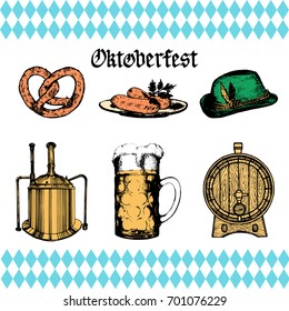 Oktoberfest symbols collection for beer festival flyer and poster. Vector hand sketched set of glass mug, pretzel, barrel etc. for brewery label or badge.