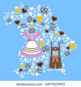 Oktoberfest Symbols Outline Map Bavaria Pink Brown Blue Background