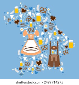 Oktoberfest Symbols Outline Map Bavaria Orange Brown Blue Background