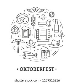 Oktoberfest symbols and pictograms. Set of beer festival black line vector icons on white background