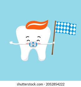 Oktoberfest teeth with flag bavarian patten cute icon isolated. Dentist cute white tooth with braces character with flag photo booth props. Flat design cartoon vector clip art illustration.