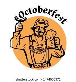 Oktoberfest text above сheerful Bavarian man with beer mug and sausage. October fest beer emblem. Hand drawn vintage vector illustration isolated on white background.