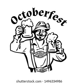 Oktoberfest text above сheerful Bavarian man with two beer mugs. October fest beer emblem. Hand drawn  vintage vector illustration isolated on white background.