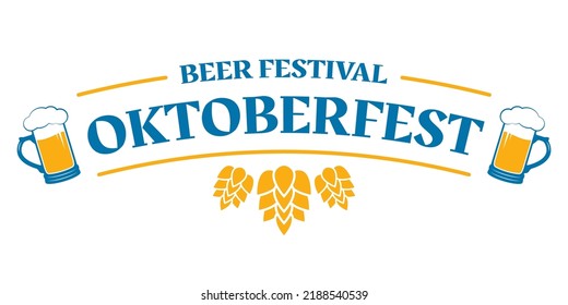 Cartel de texto de Oktoberfest. Diseño del logo del festival de la cerveza. Plantilla de tipografía del festival de octubre en alemán y bávaro con tazas de cerveza. Ilustración vectorial.