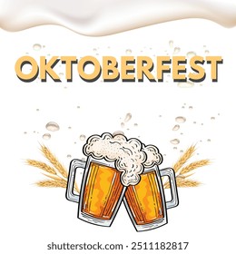 Oktoberfest text banner. Beer festival logo design. German, Bavarian October fest typography template with beer mugs. Vector illustration.