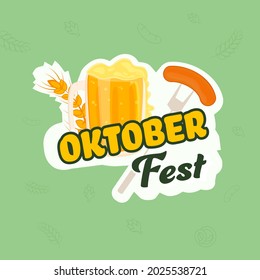 Oktoberfest Text With Beer Mug, Wheat Ear, Sausage Fork On White And Green Background.