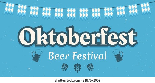 Diseño de texto de Oktoberfest. Cartel del festival de la cerveza con banderas que se aferran. Plantilla de tipografía del festival de octubre en alemán. Ilustración vectorial.