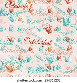 Oktoberfest texture. Seamless pattern with beer mugs. Grunge style, can be used for your print design.