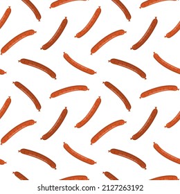 Oktoberfest Theme Illustration Pattern. German Holiday Fest Tasty Breakfast. Smoked Sandwich Meat Sausage Endless Texture Wallpaper. Isolated On White Background.