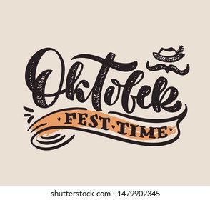 Oktoberfest time hand drawn lettering composition and clipart element for logos, posters, templates, postcard, banner, etc. Print on cup, bag, shirt, package, balloon. Poster EPS 10. 