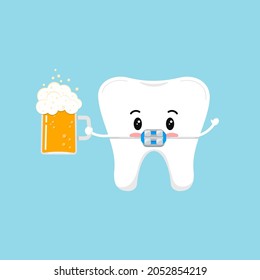 Oktoberfest tooth in braces with glass of beer icon isolated. Dental orthodontic cute white tooth with brackets character with beer. Flat design cartoon vector clip art illustration.