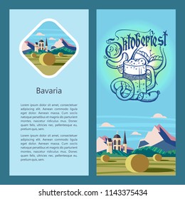 Oktoberfest. Traditional annual beer festival in Germany. Vector illustration. Hand-drawn mug of beer and sausage on the background of the traditional German landscape.