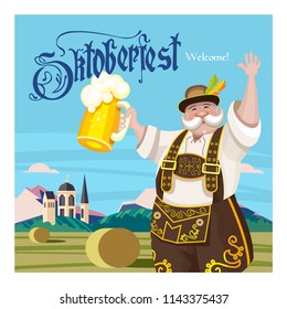 Oktoberfest. Traditional annual beer festival in Germany. A cheerful German man in a national costume stands against the background of the Bavarian landscape with a mug of beer in his hand.