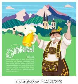 Oktoberfest. Traditional annual beer festival in Germany. A cheerful German man in a national costume stands against the background of the Bavarian landscape with a mug of beer in his hand.