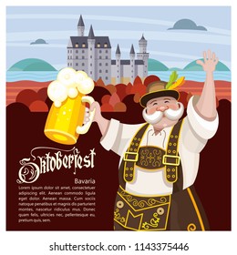 Oktoberfest. Traditional annual beer festival in Germany. A cheerful German man in a national costume stands against the background of the Bavarian landscape with a mug of beer in his hand.