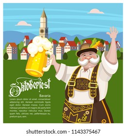 Oktoberfest. Traditional annual beer festival in Germany. A cheerful German man in a national costume stands against the background of the Bavarian landscape with a mug of beer in his hand.