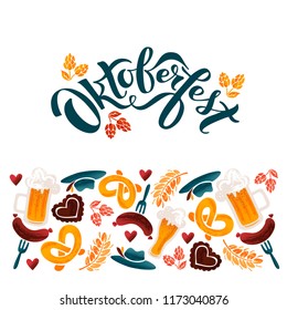 Oktoberfest traditional bavarian festival vector typography illustration for greeting card, invitation, banner, poster, pack, sticker, glass. Beer fest design elements, handwritten lettering. EPS 10.