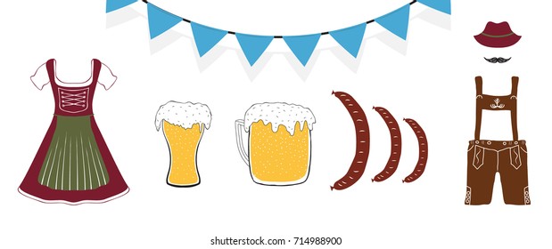 Oktoberfest traditional clothes, sausage, beer, conceptual flyer, vector illustration. Hand drawn Bavarian costume, food and drink isolated on white background.