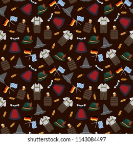 Oktoberfest Traditional Costumes Seamless Pattern - Traditional Oktoberfest attire, beer mug on barrel, barley, German flag, and Bavarian flag on brown background