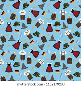 Oktoberfest Traditional Costumes Seamless Pattern - Traditional Oktoberfest attire, beer mug on barrel, barley, German flag, and Bavarian flag on light blue background