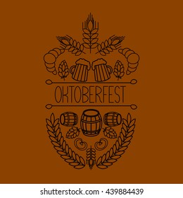 Oktoberfest traditional food and attributes illustration. vector hand drawn label elements. barrel, mug, wheat, hop plant,  croissant, bottle, leaf, bagel, pretzel.