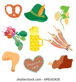 Oktoberfest Traditional Food, Beer Mug with Foam, Munich Brewers Hat with Feathers and Hop Twig. Freehand Style Clip Art. Vector EPS 10