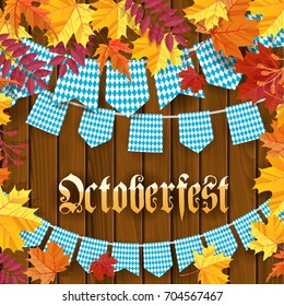 Oktoberfest .Traditional German autumn festival of beer background.Garlands and flags with traditional decor on wooden background with frame of autumn leaves. Cartoon flat style vector illustration