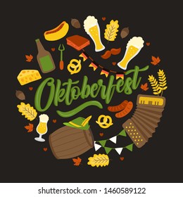 Oktoberfest. Traditional German Poster Festival. Fresh dark beer, pretzel, sausage, autumn leaf, flag, accordion, beer and flag on black background. Vector - Illustration