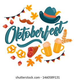 Oktoberfest. Traditional German Poster Festival. Fresh dark beer, pretzel, sausage, autumn leaf, flag, accordion, beer and flag on black background. Vector - Illustration
