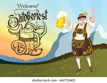 Oktoberfest. A truly German national costume with a beer amid the scenery.