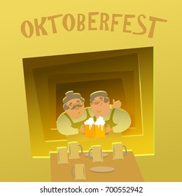 Oktoberfest two friends are drinking in the pub. Vector illustration.