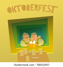 Oktoberfest two friends are drinking in the pub. Vector illustration.