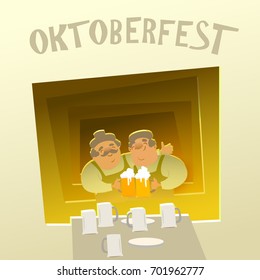 Oktoberfest two friends are drinking in the pub. Vector illustration.