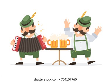 Oktoberfest. Two funny cartoon mens in traditional Bavarian costume with beer mugs celebrate and have fun at Oktoberfest beer festival. Vector illustration.