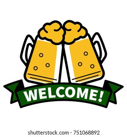 Oktoberfest. Two mugs of beer clink. Banner cafe, bar, brasserie. Invitation flyer. Stock vector