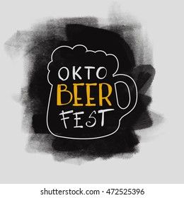Oktoberfest typographic design on strip background. Decoration usable as banner, cards, posters, label, badge. Holiday Beer cup Illustration With Lettering Composition.