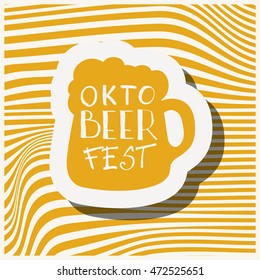 Oktoberfest typographic design on strip background. Decoration usable as banner, cards, posters, label, badge. Holiday Beer cup Illustration With Lettering Composition.