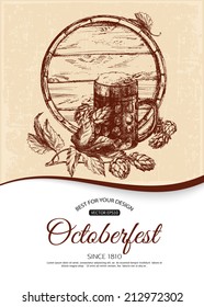Oktoberfest typographical vintage background with hand drawn beer and hops.