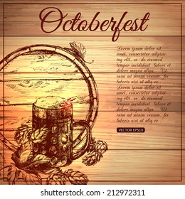 Oktoberfest typographical vintage background with hand drawn beer and hops.