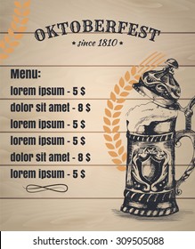 Oktoberfest typographical vintage background with hand drawn  beer mug  and spica.
Vector Template of bar beer menu