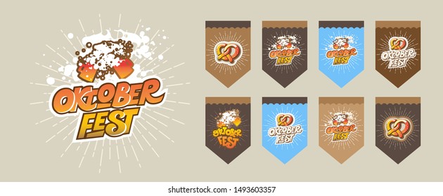 Oktoberfest typography vector design for greeting cards and poster. Collection of holiday flags for your garland. Beer Festival vector sign, logo. Design template celebration. Vector illustration.