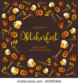 Oktoberfest vector background design. Octoberfest holiday banner layout. Greeting letter or postcard element with traditional bavarian pattern symbols. Party or event headline template with text.