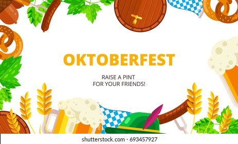 Oktoberfest vector background design. Octoberfest holiday banner layout. Greeting letter or postcard element with traditional bavarian pattern symbols. Party or event headline template with text.