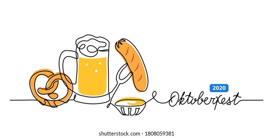 Oktoberfest vector banner, background with beer, pretzel and sausage. One continuous line drawing banner with lettering Oktoberfest.