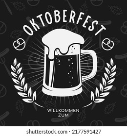Oktoberfest vector banner. Beer Festival logotype. Illustration of Bavarian festival design on pattern background with mug of beer. White lettering typography for postcard, poster, logo.