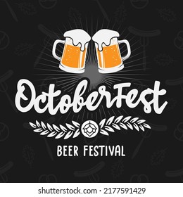 Oktoberfest vector banner. Beer Festival logotype. Illustration of Bavarian festival design on pattern background with two mugs of beer. White lettering typography for card, poster, postcard.