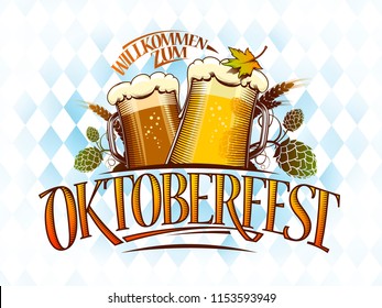 Oktoberfest vector banner or card design with glasses of beer and hop, old style