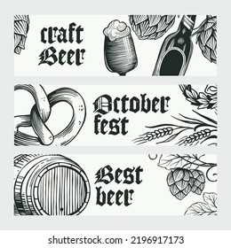 Oktoberfest Vektorbanner Set. Handgezeichnete Weizen, Hopfen, Schlamm, Fass und Flaschen Gravur Stilgrafik. Ideal für Bierfestivals, Zeilenziehetiketten, Plakate, Skizzenkarten. 