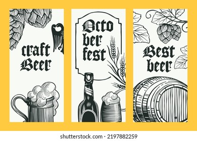 Oktoberfest vector banners set. Hand drawn wheat, hops, mug, barrel, and bottles engraving style illustration. Perfect for beer festival invitations, line drawing labels, posters, sketch style cards. 